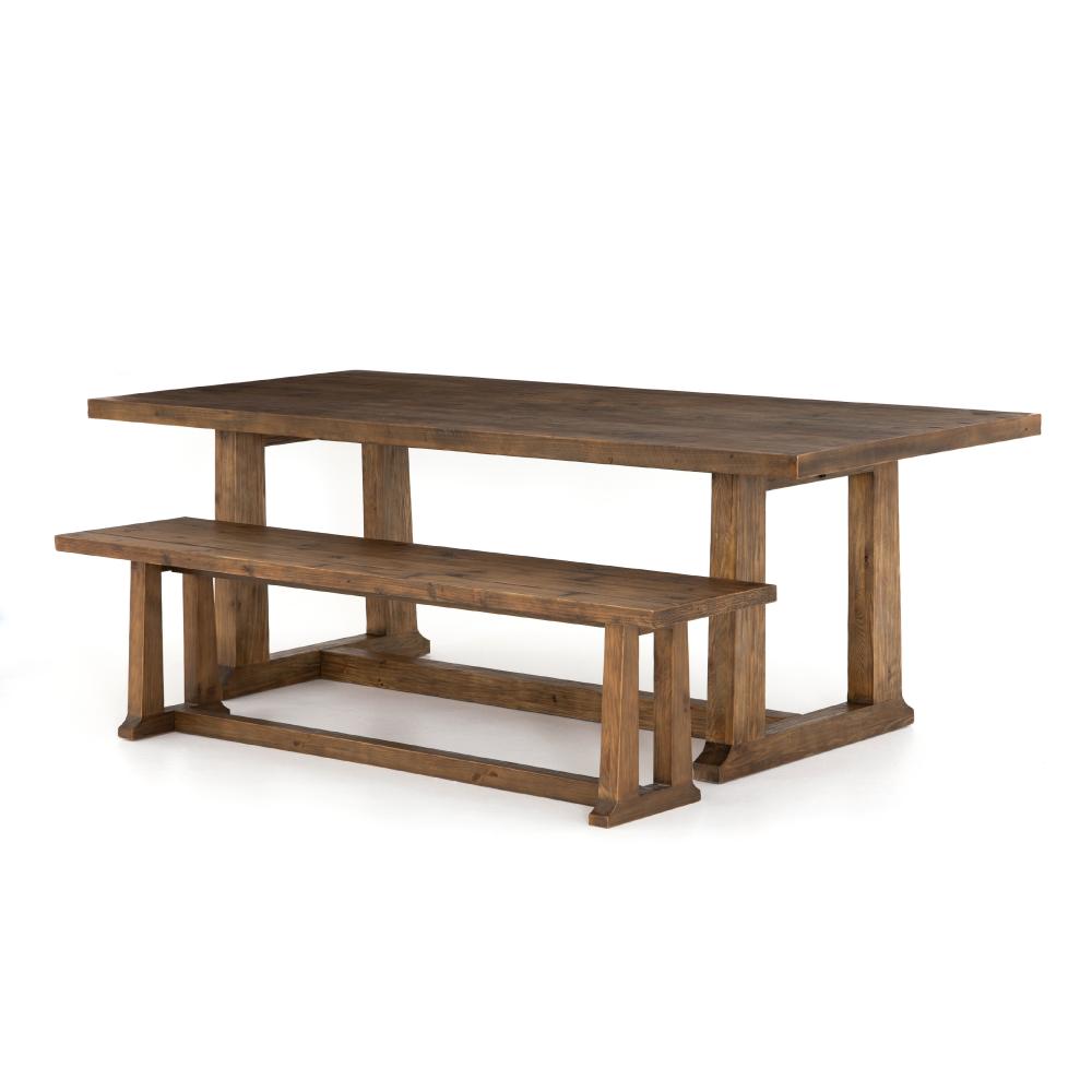 Modern Rustic Trestle Base Reclaimed Pine Solid Wood Rectangle Dining Honey Finish Table 86 inch