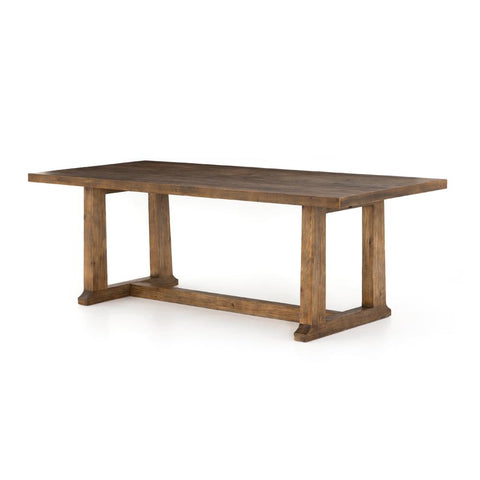 Modern Rustic Trestle Base Reclaimed Pine Solid Wood Rectangle Dining Honey Finish Table 86 inch