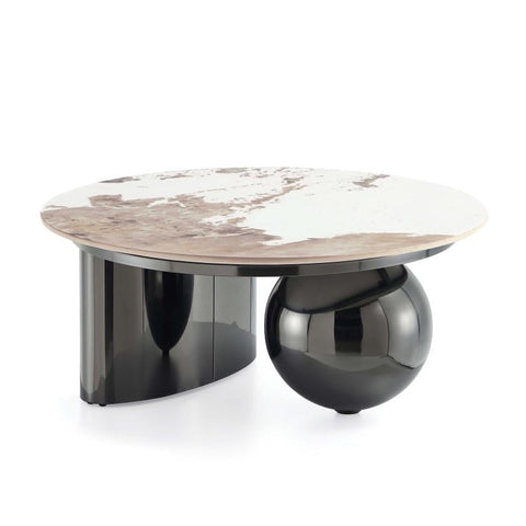 Modern Sintered Stone Table Top & Black Steel Ball and Pillar Base Round Coffee Table 31 inch