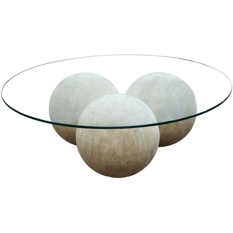 Modern Sphere Ball Base Round Coffee Table Reclaimed Gray Wash Wood Glass Top 48 inch