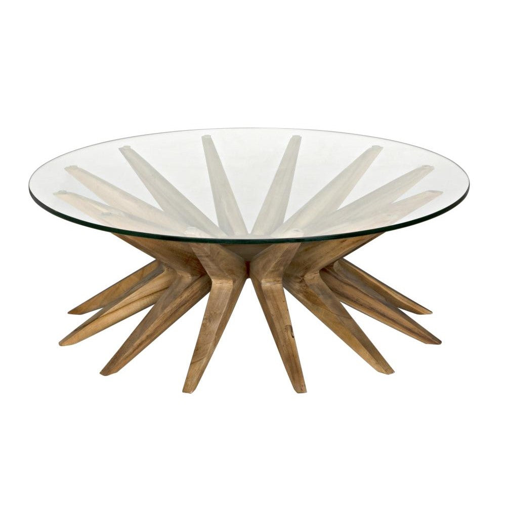 Modern Teak Base & Glass Top Round Coffee Table 40 inch