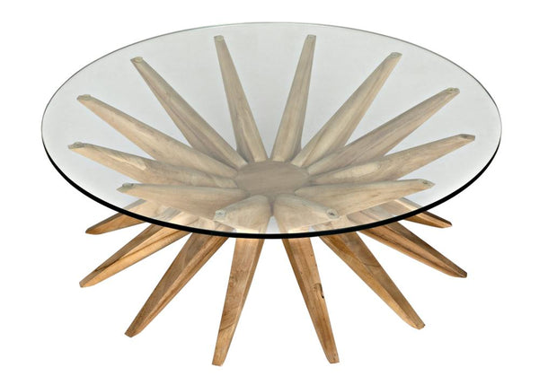 Modern Teak Base & Glass Top Round Coffee Table 40 inch