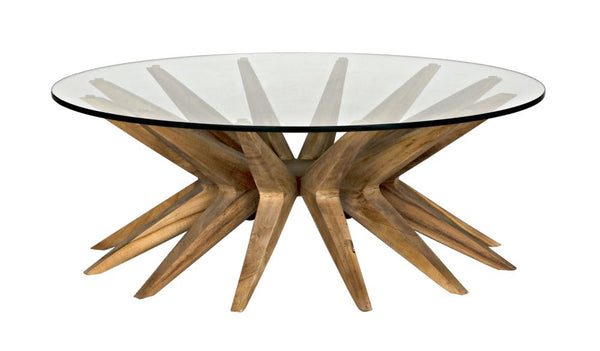 Modern Teak Base & Glass Top Round Coffee Table 40 inch