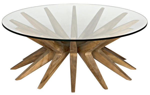 Modern Teak Base & Glass Top Round Coffee Table 40 inch