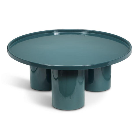 Modern Teal High Gloss Enamel Lacquer Cylindrical Legs Round Coffee Table 38 inch