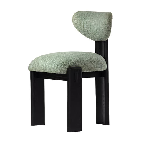 Modern Three Leg Armless Dining Chair FSC Solid Oak Black Finish Green Fabric