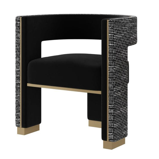 Modern Three Leg Two Toned Black Fabric Dining Chair Armchair Gold Accents