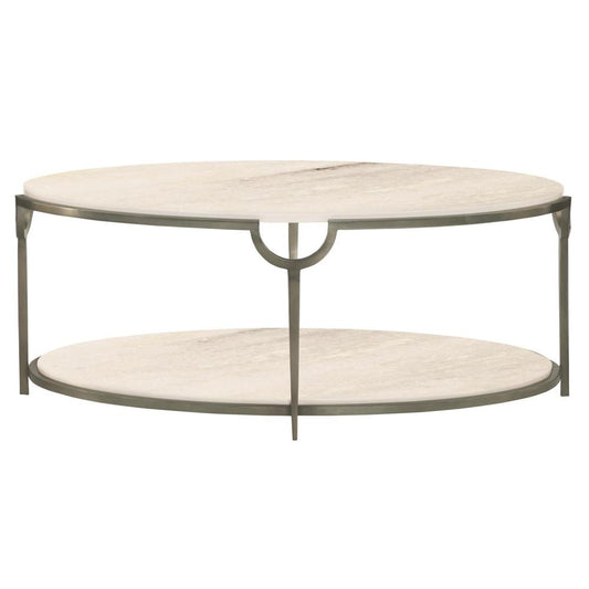 Modern Two Tier Oval Coffee Table Faux Carrara Marble Top & Shelf with Steel Nickel Finish Base 46 inch