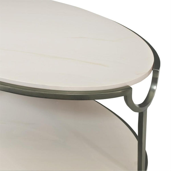 Modern Two Tier Oval Coffee Table Faux Carrara Marble Top & Shelf with Steel Nickel Finish Base 46 inch