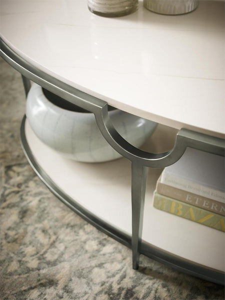 Modern Two Tier Oval Coffee Table Faux Carrara Marble Top & Shelf with Steel Nickel Finish Base 46 inch