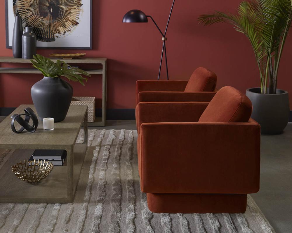 Modern U-Shaped Rust Velvet Pedestal Lounge Chair Armchair