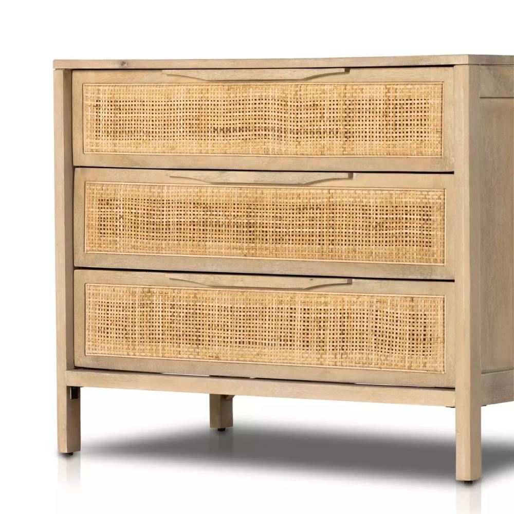 Natural Cane Front 3 Drawer Mango Wood Nightstand 32 inch