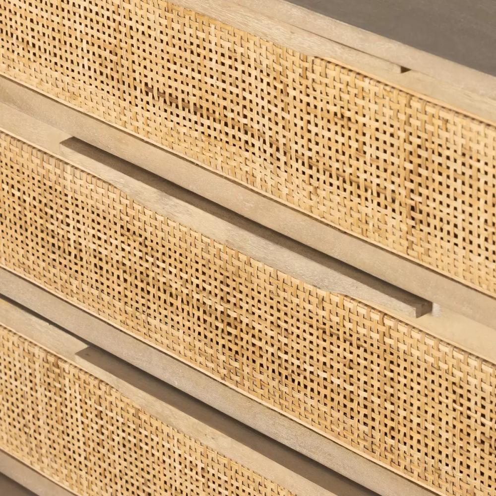 Natural Cane Front 3 Drawer Mango Wood Nightstand 32 inch