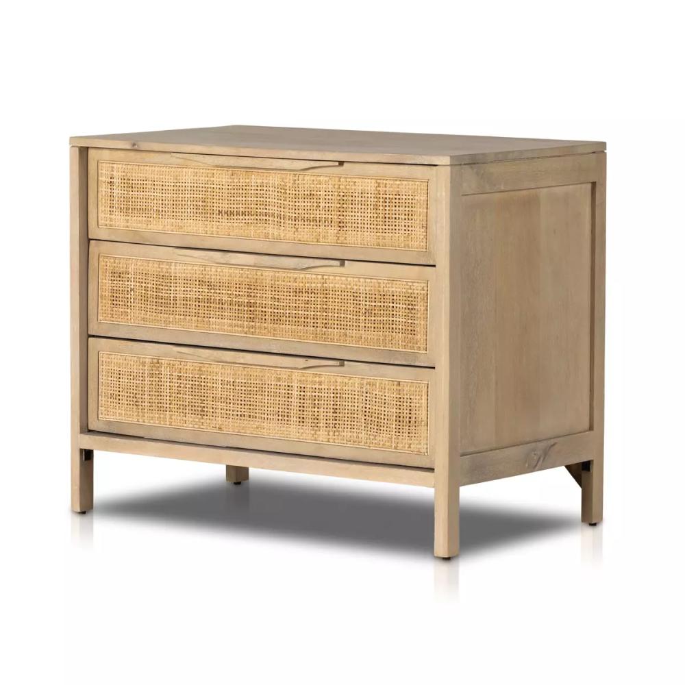 Natural Cane Front 3 Drawer Mango Wood Nightstand 32 inch