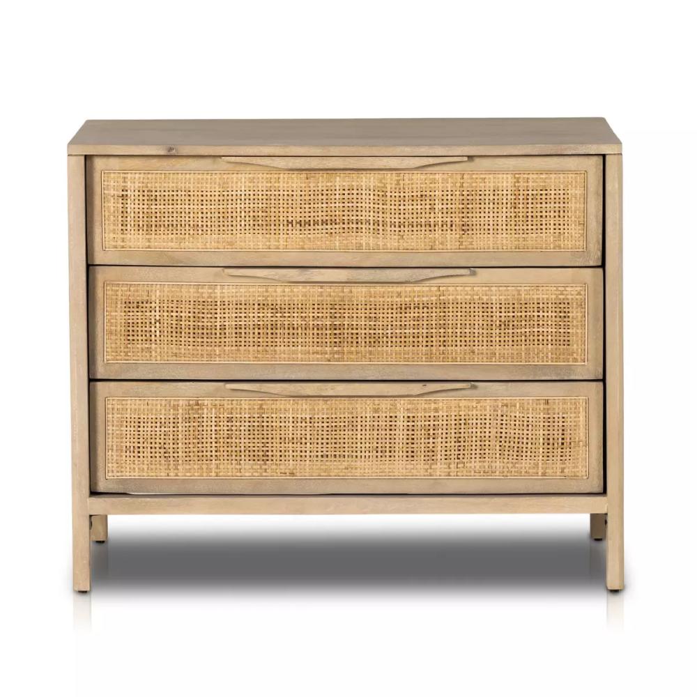Natural Cane Front 3 Drawer Mango Wood Nightstand 32 inch