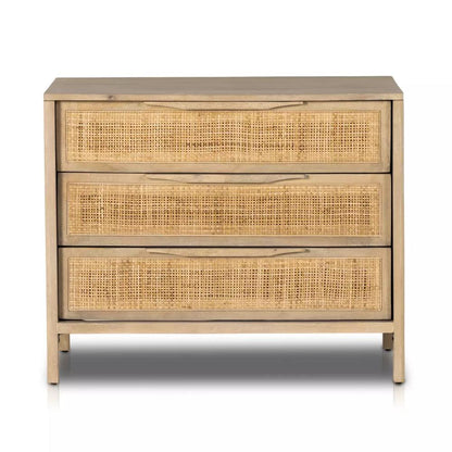 Natural Cane Front 3 Drawer Mango Wood Nightstand 32 inch