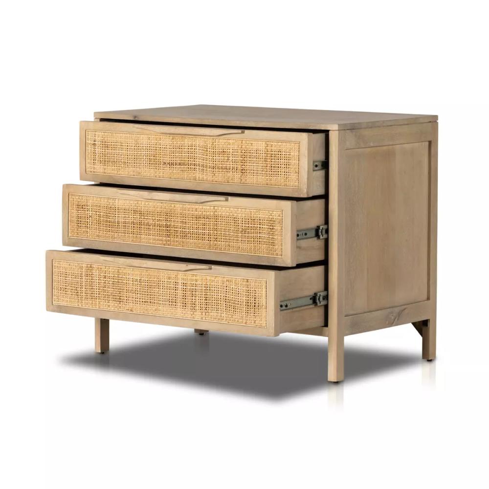 Natural Cane Front 3 Drawer Mango Wood Nightstand 32 inch