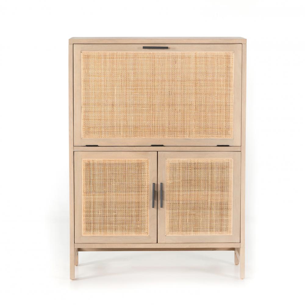 Natural Finish Woven Cane & Mango Wood Bar Cabinet 38 inch