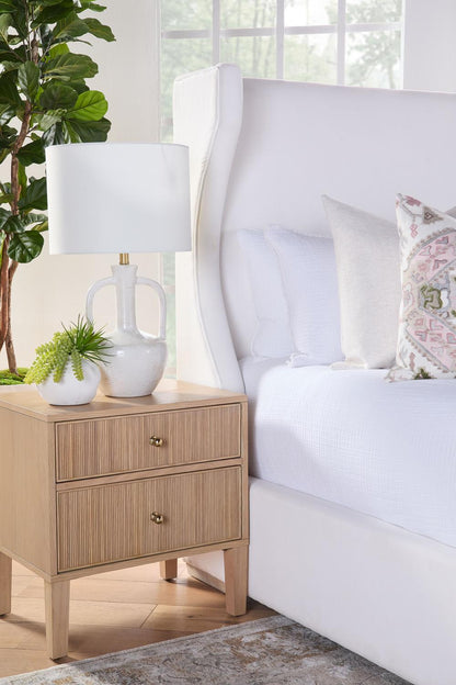 Natural Oak Wood Reeded 2 Drawer Nightstand 23 inch