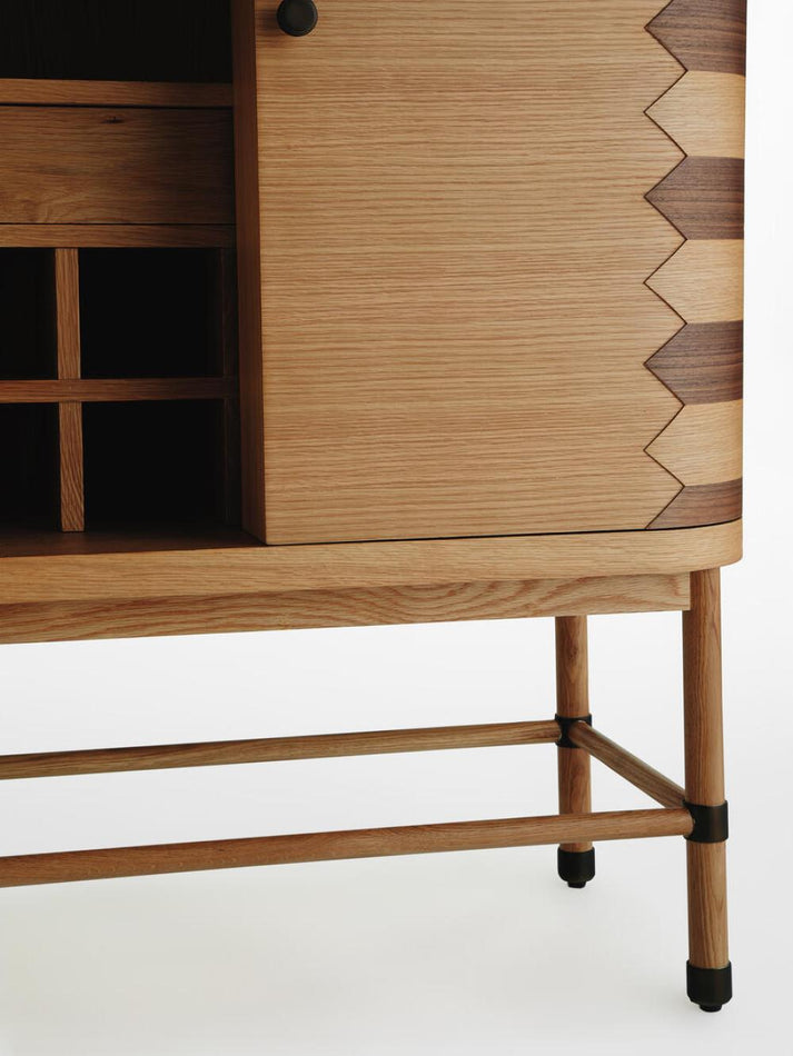 Natural Oak Wood & Walnut Inlay Bar Cabinet with Wine Storage 36 inch ...