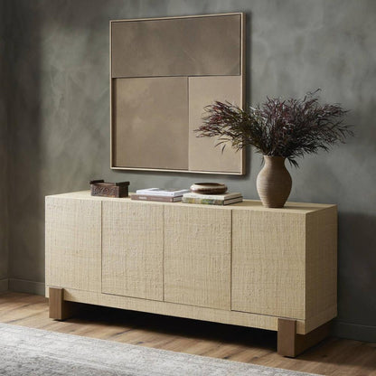 Natural Raffia Wrapped Sideboard Media Storage Cabinet 72 inch