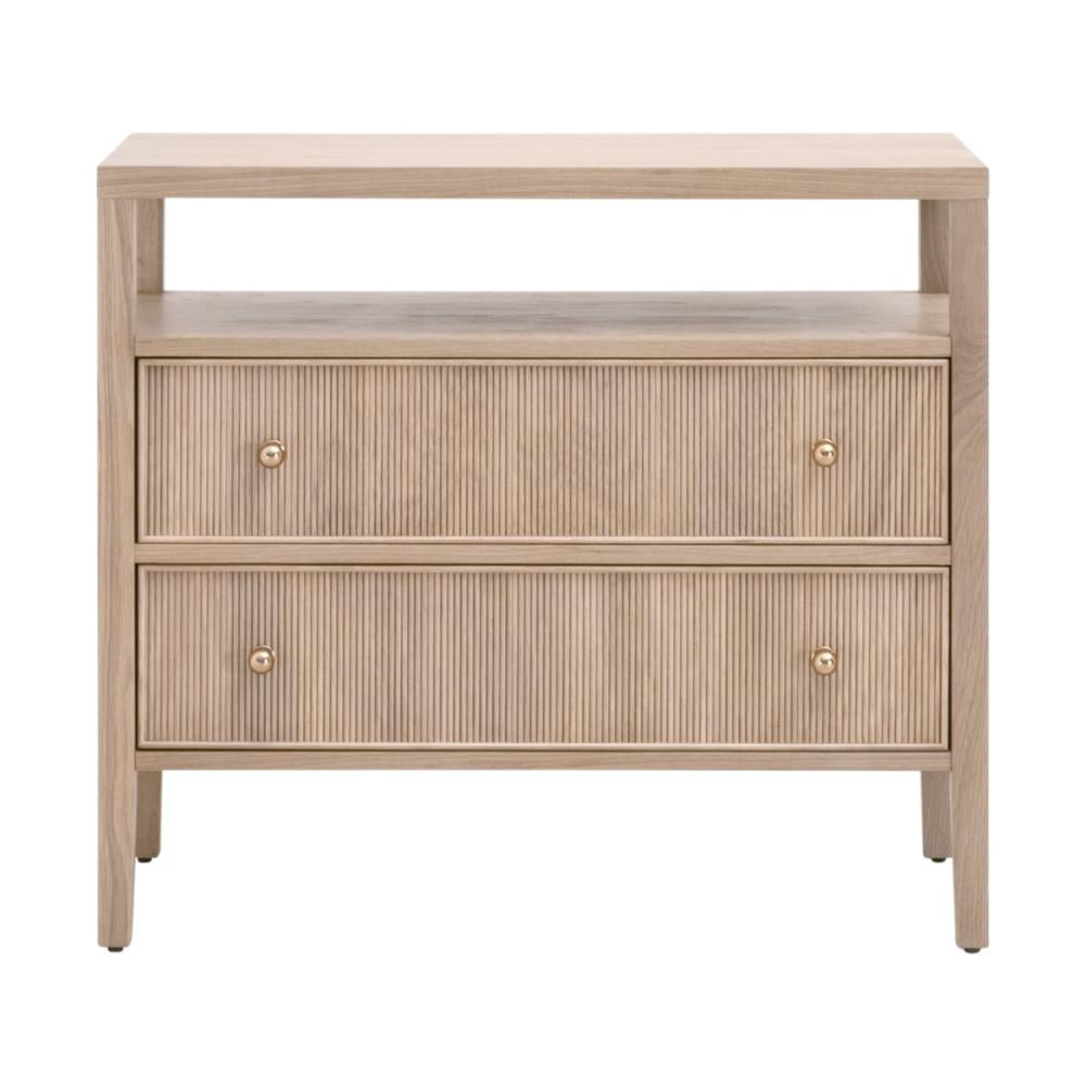 Natural Reeded Oak Wood 2 Drawer Open Shelf Nightstand 34 inch