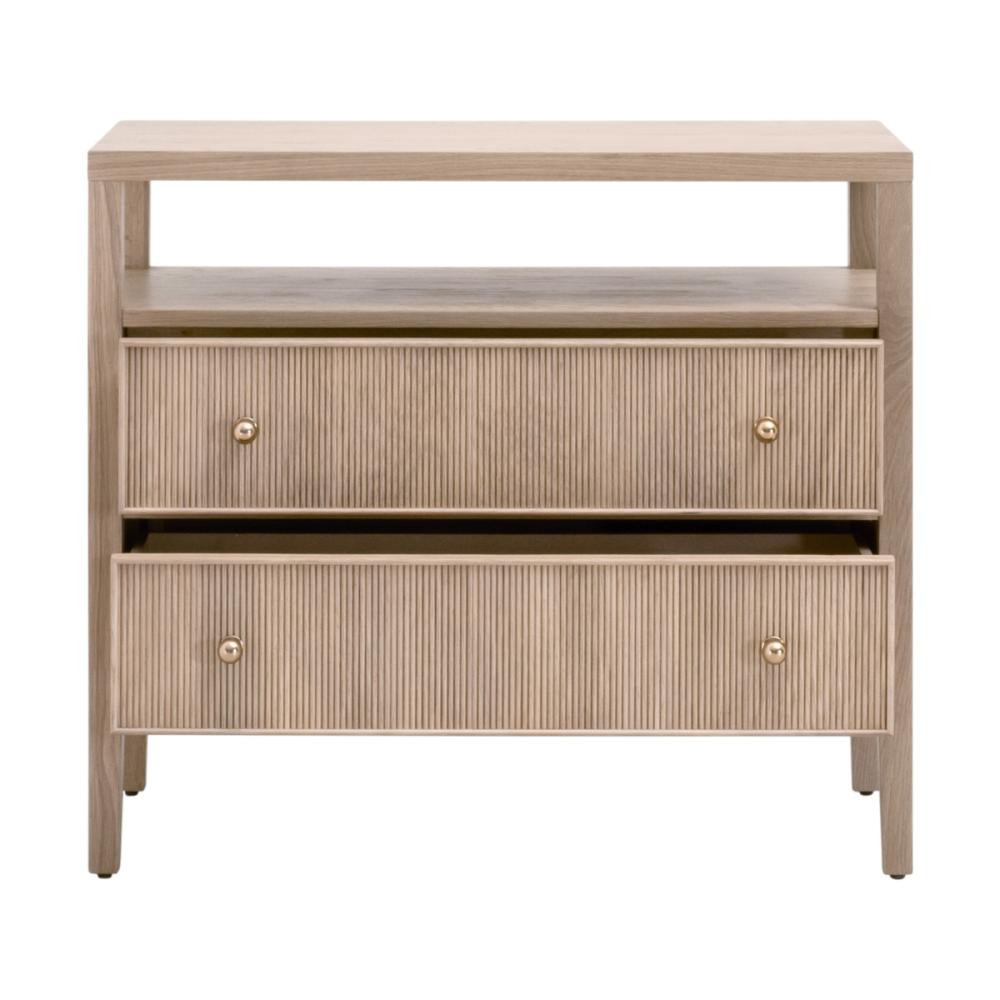 Natural Reeded Oak Wood 2 Drawer Open Shelf Nightstand 34 inch