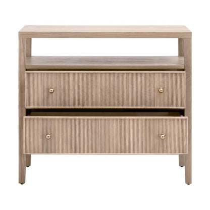 Natural Reeded Oak Wood 2 Drawer Open Shelf Nightstand 34 inch