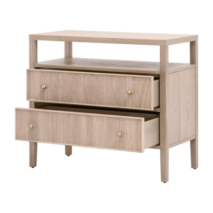 Natural Reeded Oak Wood 2 Drawer Open Shelf Nightstand 34 inch