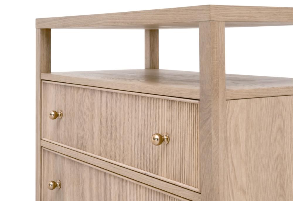 Natural Reeded Oak Wood 2 Drawer Open Shelf Nightstand 34 inch