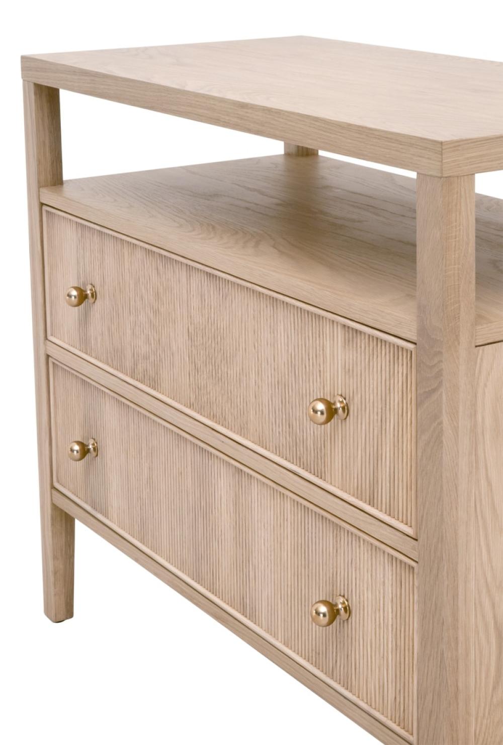 Natural Reeded Oak Wood 2 Drawer Open Shelf Nightstand 34 inch
