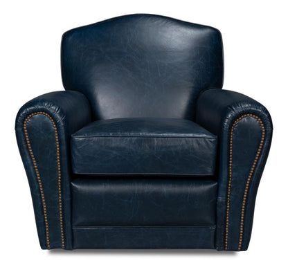 Navy Blue Leather French Club Swivel Chair with Brass Nailheads