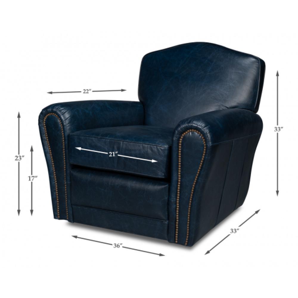 Navy Blue Leather French Club Swivel Chair with Brass Nailheads