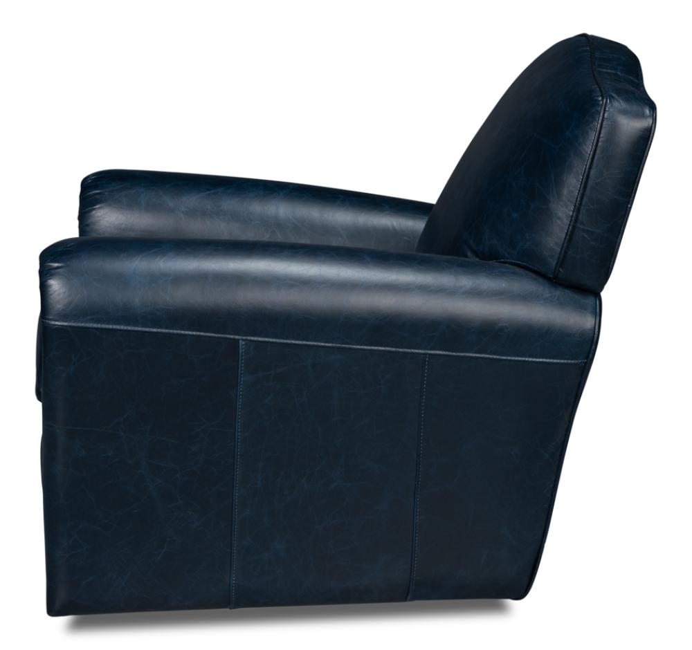 Navy Blue Leather French Club Swivel Chair with Brass Nailheads