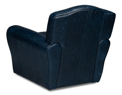 Navy Blue Leather French Club Swivel Chair with Brass Nailheads