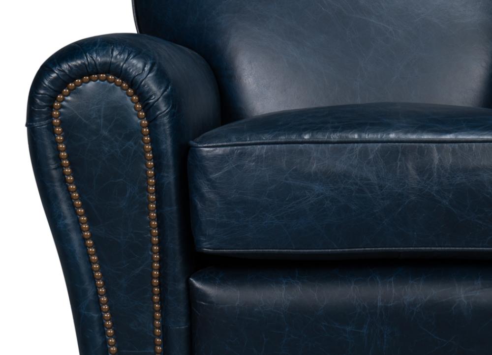 Navy Blue Leather French Club Swivel Chair with Brass Nailheads