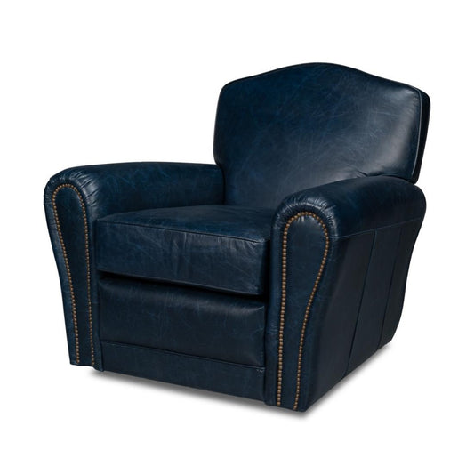 Navy Blue Leather French Club Swivel Chair with Brass Nailheads