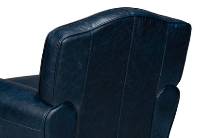 Navy Blue Leather French Club Swivel Chair with Brass Nailheads