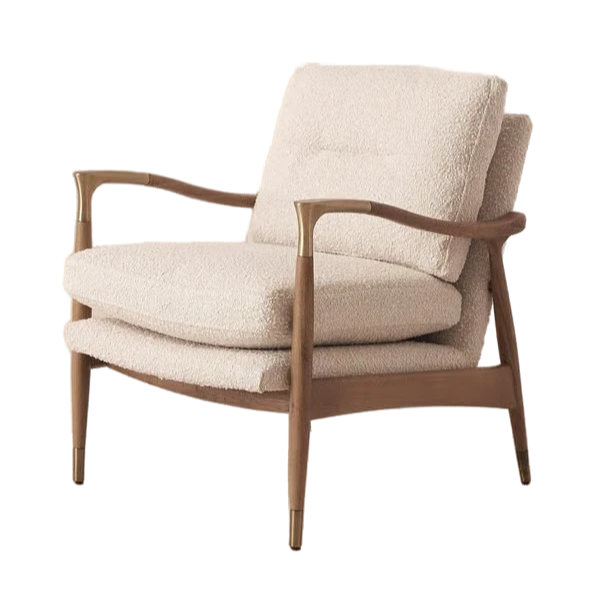 Neutral Boucle Fabric Midcentury Lounge Chair Armchair Oak Wood Frame