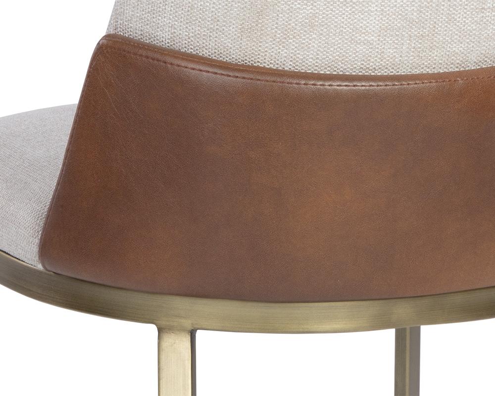 Oatmeal Neutral Fabric & Cognac Brown Faux Leather Dining Chair Brushed Gold Legs (Set of 2)