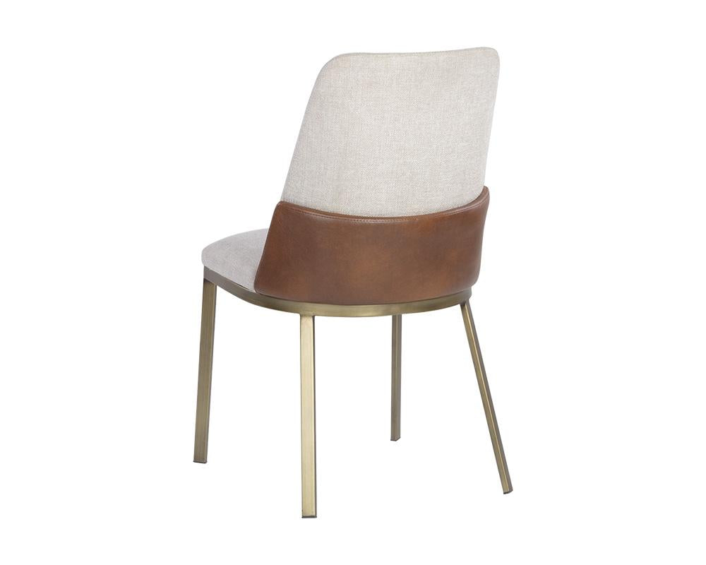 Oatmeal Neutral Fabric & Cognac Brown Faux Leather Dining Chair Brushed Gold Legs (Set of 2)