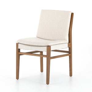 Off White Performance Fabric Armless Dining Chair in Brown WoodOff White Performance Fabric Armless Dining Chair in Brown Wood