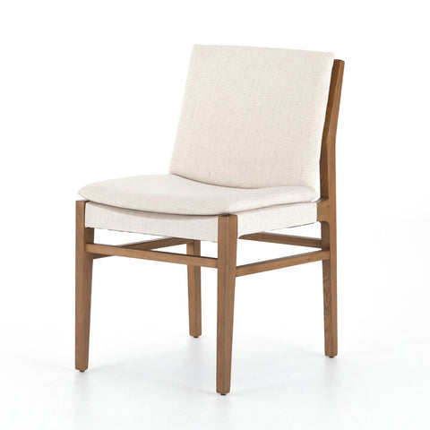 Off White Performance Fabric Armless Dining Chair in Brown WoodOff White Performance Fabric Armless Dining Chair in Brown Wood