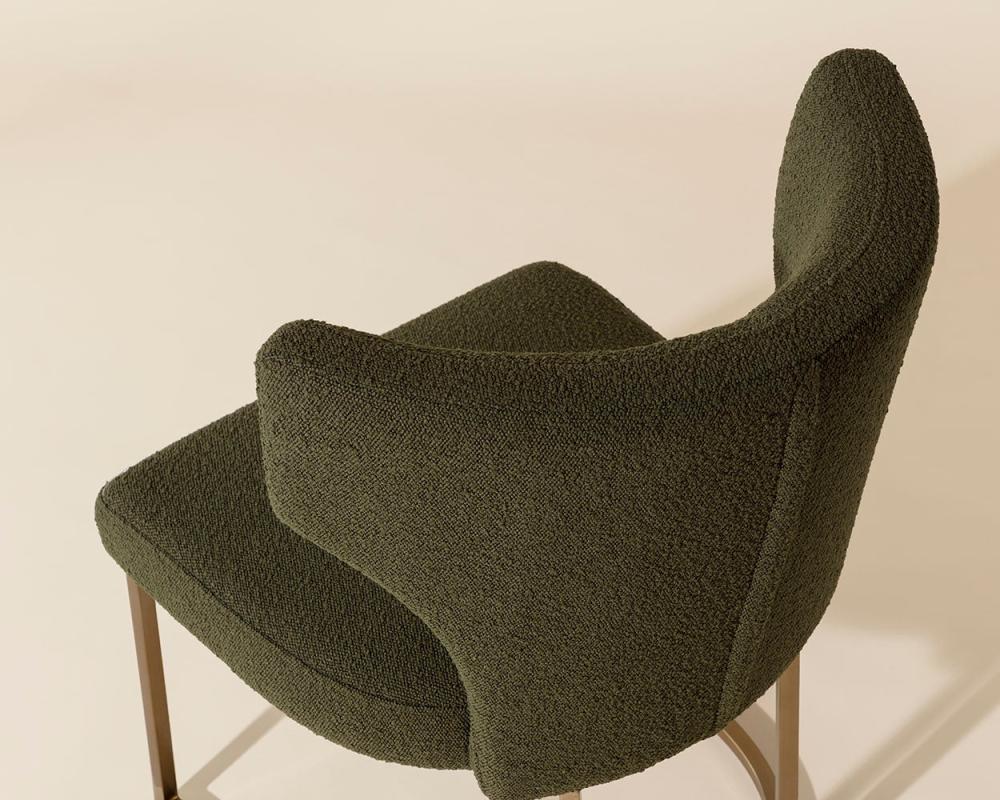 Olive Green Boucle Curved Back Armless Dining Chair Gold Base