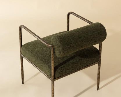 Olive Green Boucle Forged Metal Bolster Back Dining Chair Armchair