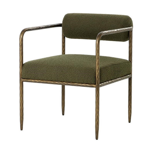 Olive Green Boucle Forged Metal Bolster Back Dining Chair Armchair