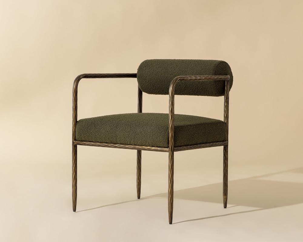 Olive Green Boucle Forged Metal Bolster Back Dining Chair Armchair