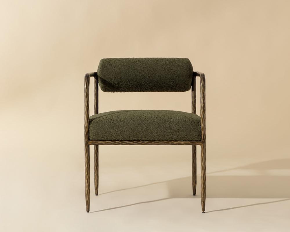 Olive Green Boucle Forged Metal Bolster Back Dining Chair Armchair