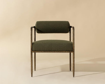 Olive Green Boucle Forged Metal Bolster Back Dining Chair Armchair