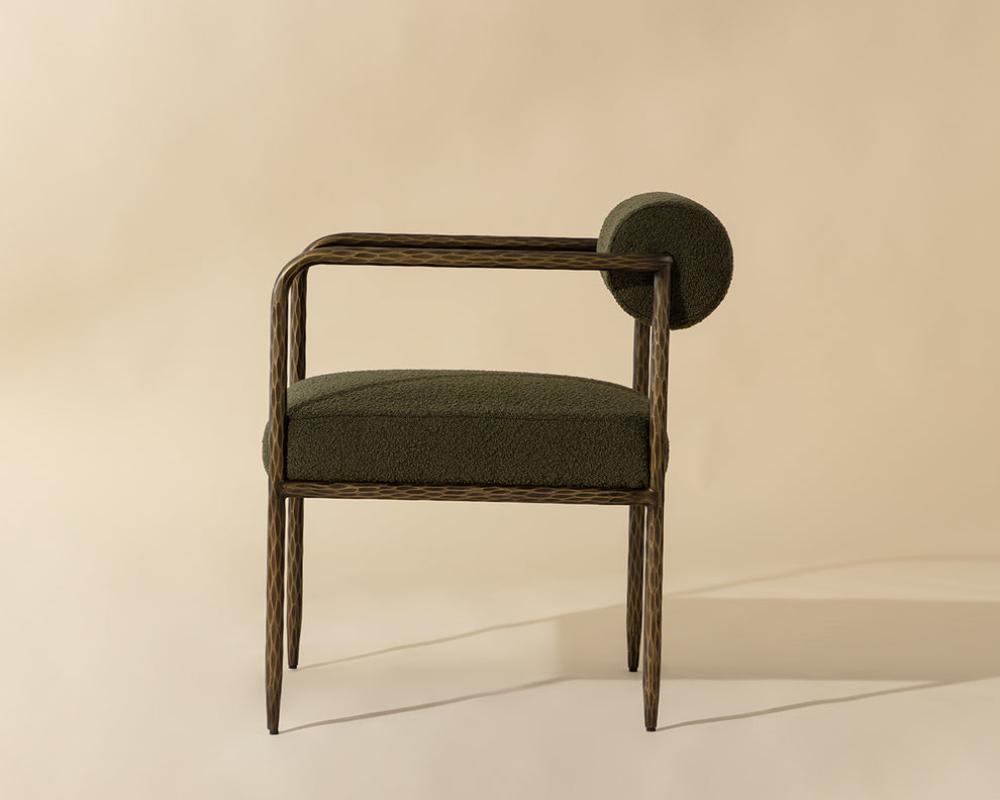 Olive Green Boucle Forged Metal Bolster Back Dining Chair Armchair